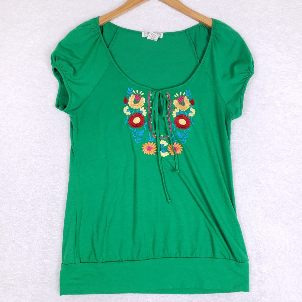 6 Degrees Floral Embroidered Peasant Top Large Green Short Sleeve‎ Babydoll